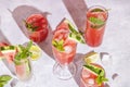 Different elegant glasses with watermelon cocktail. Splash, splatter, water drops on the light gray background with sun light