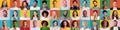 Different emotions collage. Collection of multiethnic people faces over various color backgrounds, panorama Royalty Free Stock Photo