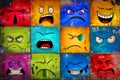 Different emotions. A colorful collection of cartoon faces with a variety of expressions, including anger, sadness, and happiness Royalty Free Stock Photo