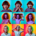 Set of portraits of little cute emotional kids, boys and girls isolated on multicolored studio background in neon light