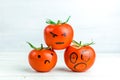 different emotions on tomatoes. fear. Anger. Sadness