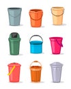 Different empty buckets. Illustration of bucket and water container. Metal plastic and wooden buckets collection Royalty Free Stock Photo