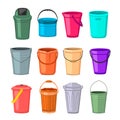 Different empty buckets. Illustration of bucket and water container. Metal plastic and wooden buckets collection