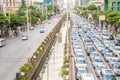 Different of empty road and traffic jam in city center Sathon Ba