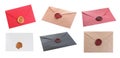 Different envelopes with wax seals on white background, collage. Banner design