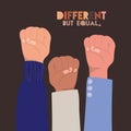 Different but equal and diversity skins fists hands up vector design