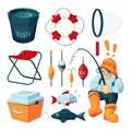 Different equipment for fishing. Fisherman with rod. Vector