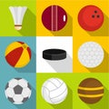 Different equipment for outdoor games icons set