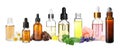 Set of different essential oils used in aromatherapy on white background, banner design Royalty Free Stock Photo