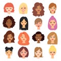 Different ethnic nationality affiliation woman head face vector icons.