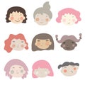 Different ethnic nationality affiliation woman head face vector icons. Happy baby girls faces. Cartoon vector illustration