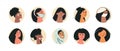 Different ethnic nationality affiliation women head face circle vector icons. Set of portraits of female character of