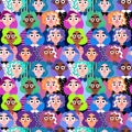 Different ethnicity happy young women with brightly dyed hair seamless pattern vector