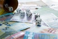 Different Euro banknotes and dices wih dice box. Concept of gambling Royalty Free Stock Photo