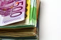 Different euro bills are spread out on a table in the form of a Royalty Free Stock Photo