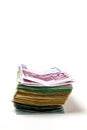 Different euro bills are spread out on a table in the form of a Royalty Free Stock Photo