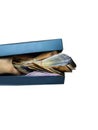 Different euro cash money banknotes in blue box Royalty Free Stock Photo