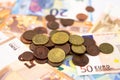 Different euro coins on twenty and fifty euro bills Royalty Free Stock Photo