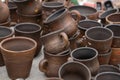 Different examples of traditional ukrainian clay pottery: pots, jars, vases, cups and bowls Royalty Free Stock Photo