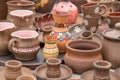 Different examples of traditional ukrainian clay pottery: pots, jars, vases, cups and bowls Royalty Free Stock Photo