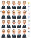 20 different expressions and upper body of an elderly man wearing glasses and accumulating salmon