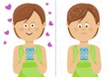 Different expressions of young woman with smartphone. Happy and unhappy comparison