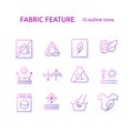 Different fabric properties outline icons set. Textile industry. Easy care, handwash