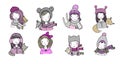 Different faces. Girls in winter hats. Funny animals. Hand drawing isolated objects on white background. Vector