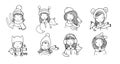 Different faces. Girls in winter hats. Funny animals. Hand drawing isolated objects on white background. Vector