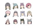 Different faces. People in winter hats. Hand drawing objects on white background.