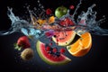 Different falling citrus fruits and splashing water on black background, AI Generated