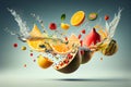 Different falling citrus fruits and splashing water on blue background, AI Generated