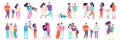 Different families. Arab, caucasian, mixed couples. Heterosexual and homosexual families with kids and pets. Mothers Royalty Free Stock Photo