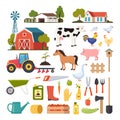 Different farm elements. Farm buildings, domestic animals, transport, inventory, harvest. Set of scenes and elements on farm theme