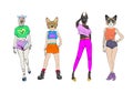 Different fashion models with animal heads set. Modern clothes. Template sketch vector