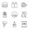 Different fast food icons set, outline style