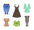 Different Female Clothes and Attire with Stockings, Pinafore, Blouse and Knee Breeches Vector Set