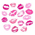 Different female lipstick kisses silhouettes. Women lips, isolated grunge kiss clipart. Romantic elements for cards Royalty Free Stock Photo