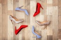 Different female shoes on floor Royalty Free Stock Photo