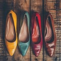 Different female shoes on wooden background, expensive luxury boots, chic footwear top view Royalty Free Stock Photo