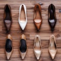 Different female shoes on wooden background, expensive luxury boots, chic footwear top view Royalty Free Stock Photo