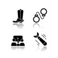 Different film genres drop shadow black glyph icons set. Western movie, family picture, criminal and war drama. Cinema Royalty Free Stock Photo