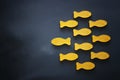 Different fish swimming opposite way of identical ones. Courage and success concept. Blackboard background Royalty Free Stock Photo