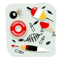 Different fishing tackle vector flat illustration