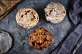 Different flavors of ball shaped traditional German sweet food called `Schneeballen`, meaning `Snowball`, made from shortcrust Royalty Free Stock Photo