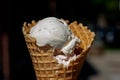 Different Flavors Chocolate, Vanilla, Strawberry Ice Cream scoops in homemade wide mouth crispy waffle cones Royalty Free Stock Photo