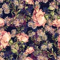 Different flowers on black background. Seamless pattern.