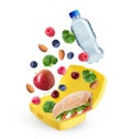 Different food and bottle of water falling into lunch box on white background Royalty Free Stock Photo