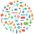 Different food groups. Color differentiation. Vegetables, fruits, meat, seafood and dairy stylish badges