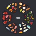 Different food groups Meat, seafood, cereals, fruits and vegetables, fast food and sweets, dairy products in round shape